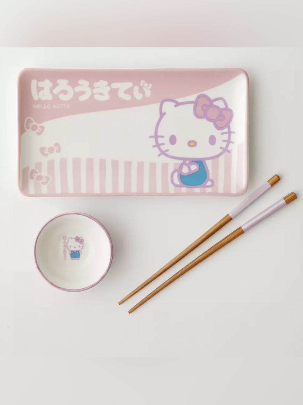 NEW Hello Kitty Pink & White Ceramic Sushi Plate Set with Blue Accent